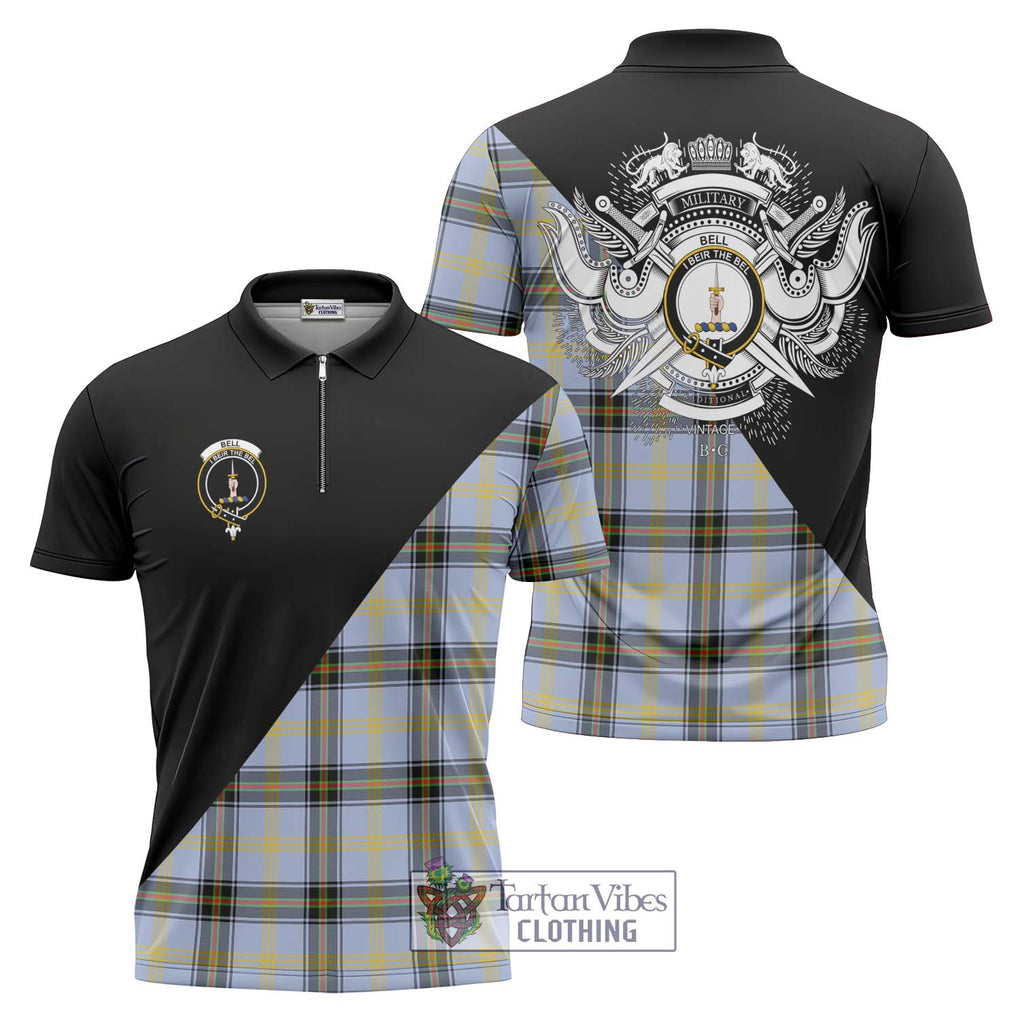 Bell Tartan Zipper Polo Shirt with Family Crest and Military Logo Style Unisex - Tartanvibesclothing Shop