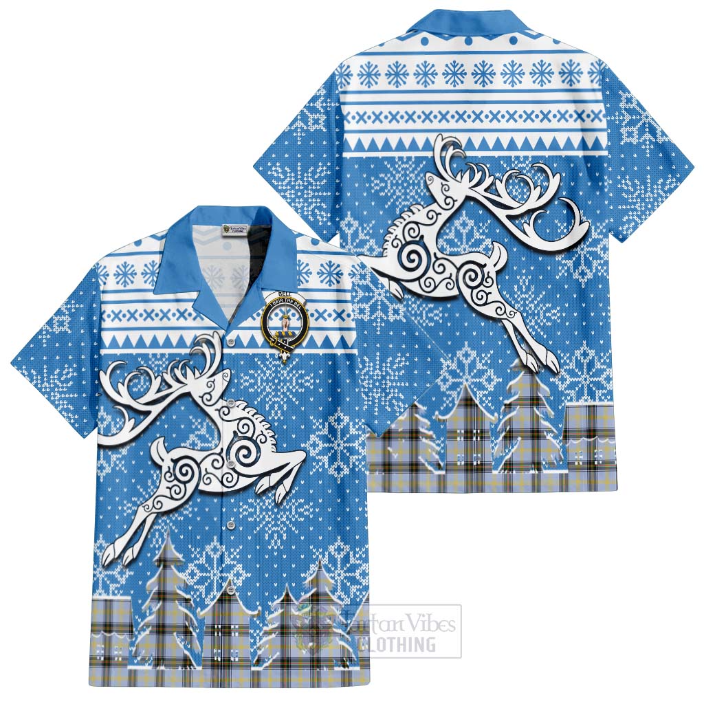 Tartan Vibes Clothing Bell Clan Christmas Short Sleeve Button Shirt Celtic Reindeer Style