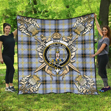 Bell Tartan Quilt with Family Crest and Golden Thistle Crossed Sword Design