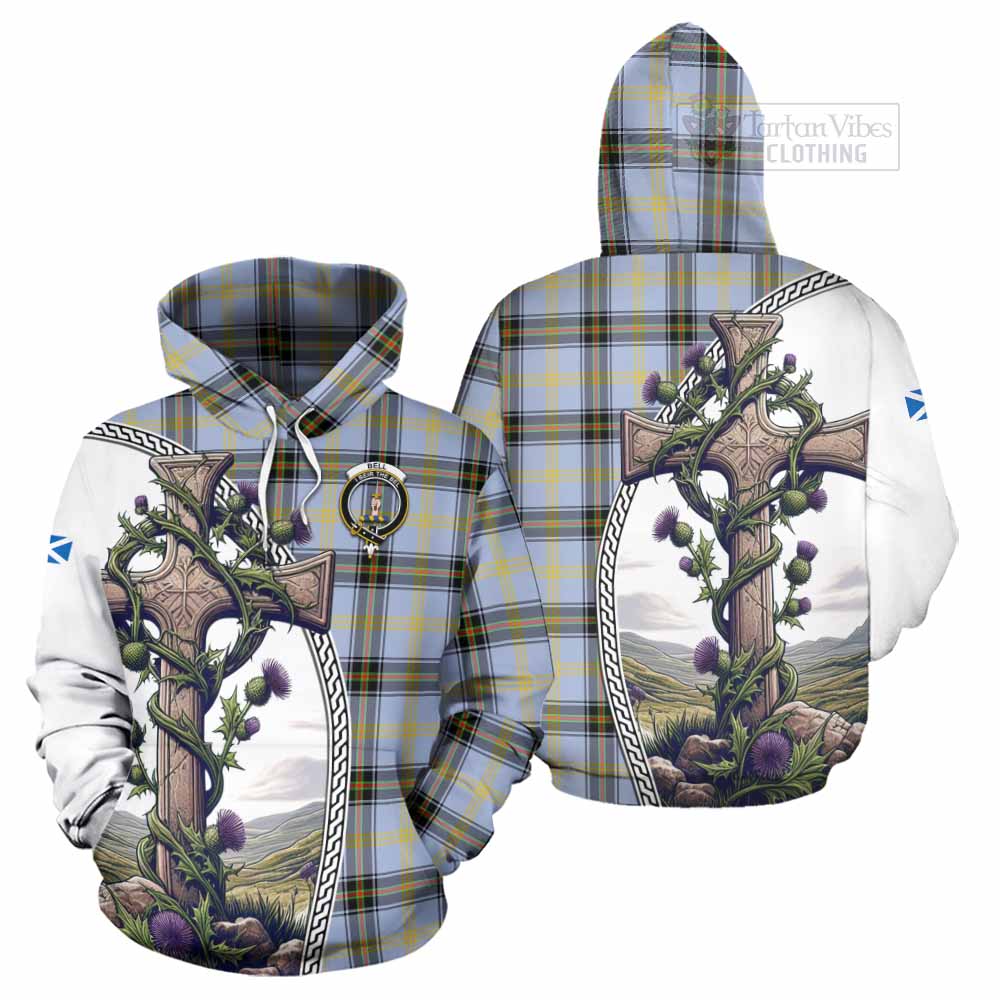 Tartan Vibes Clothing Bell Tartan Hoodie with Family Crest and St. Andrew's Cross Accented by Thistle Vines