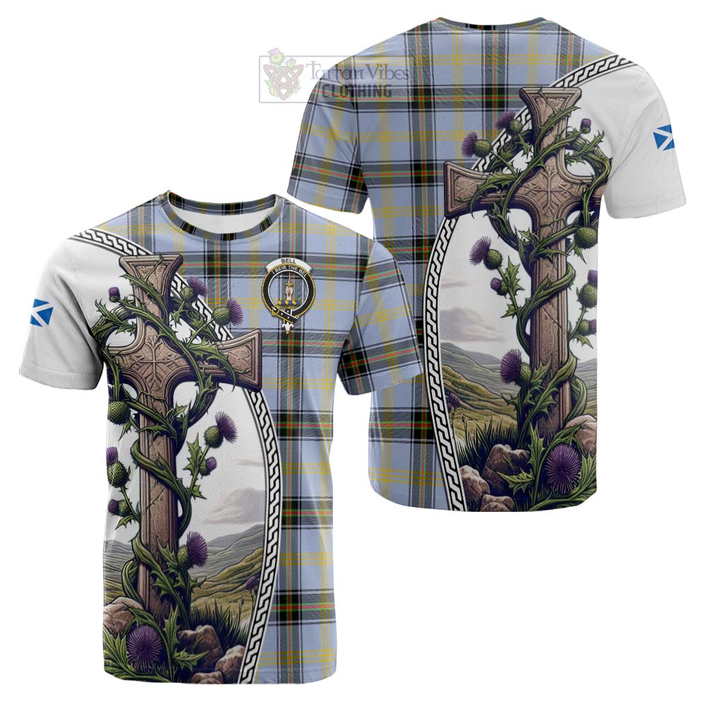 Tartan Vibes Clothing Bell Tartan Cotton T-shirt with Family Crest and St. Andrew's Cross Accented by Thistle Vines