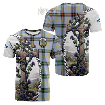 Bell Tartan Cotton T-shirt with Family Crest and St. Andrew's Cross Accented by Thistle Vines