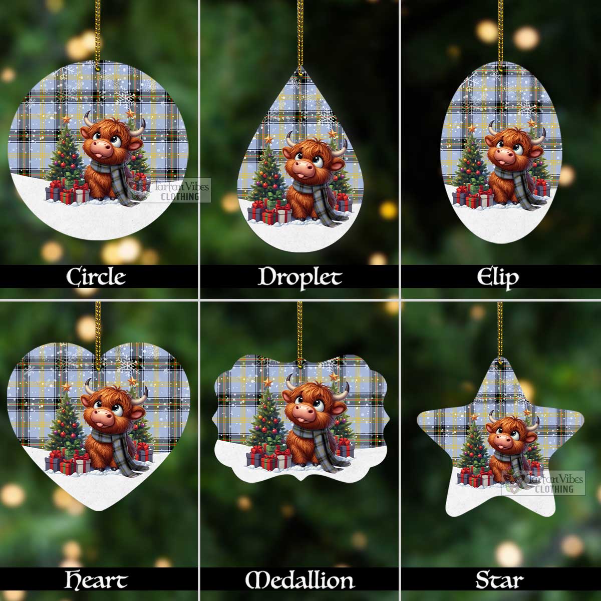 Tartan Vibes Clothing Bell Tartan Christmas Aluminium Ornament with Adorable Highland Coo