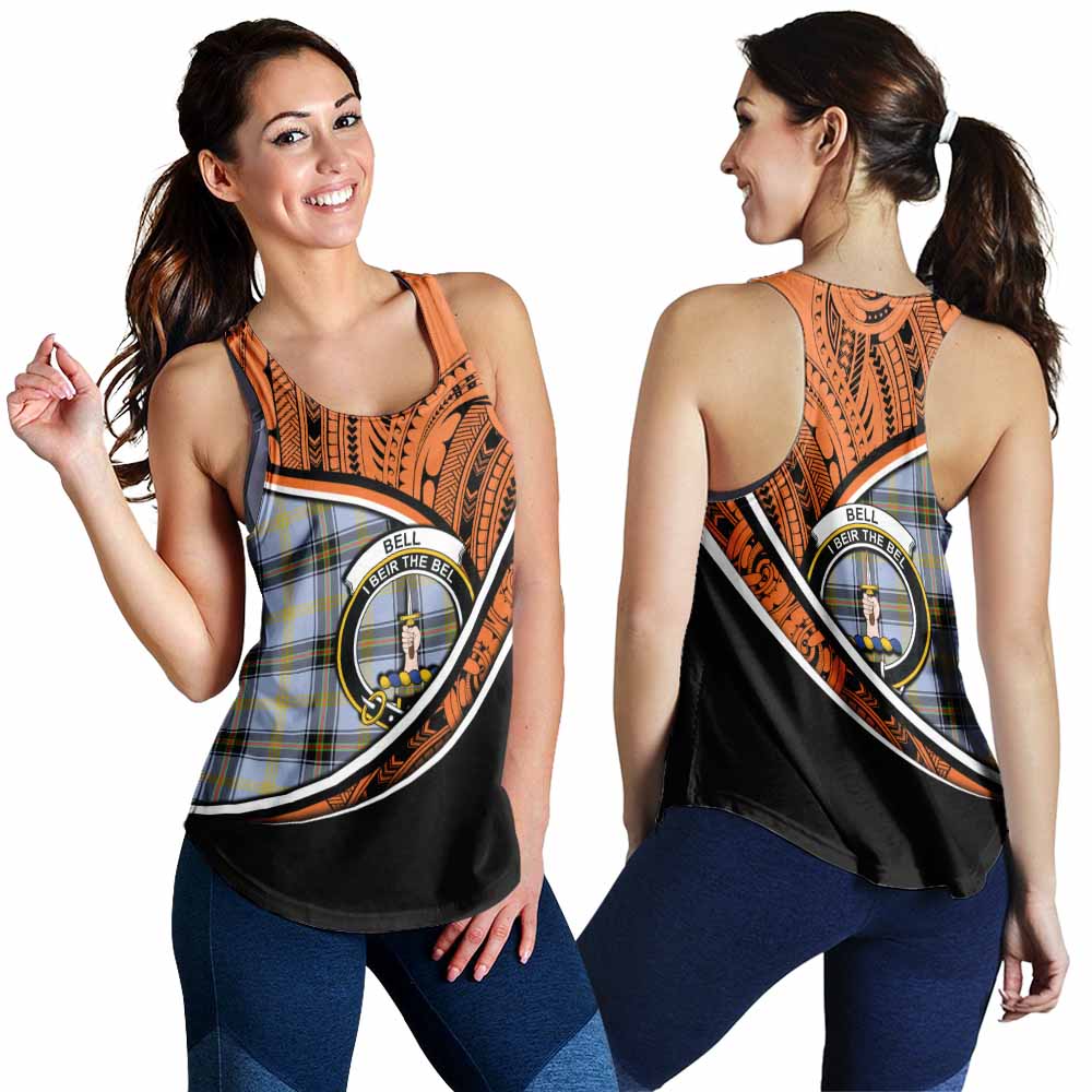 Tartan Vibes Clothing Bell Crest Tartan Women's Racerback Tanks with Maori Tattoo Style - Orange Version