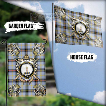 Bell Tartan Flag with Family Crest and Golden Thistle Crossed Sword Design