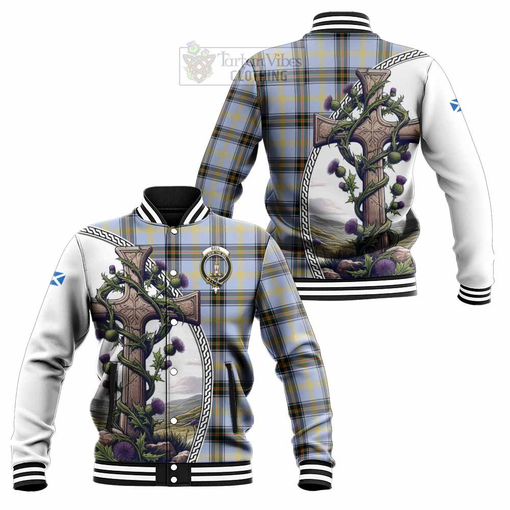 Tartan Vibes Clothing Bell Tartan Baseball Jacket with Family Crest and St. Andrew's Cross Accented by Thistle Vines