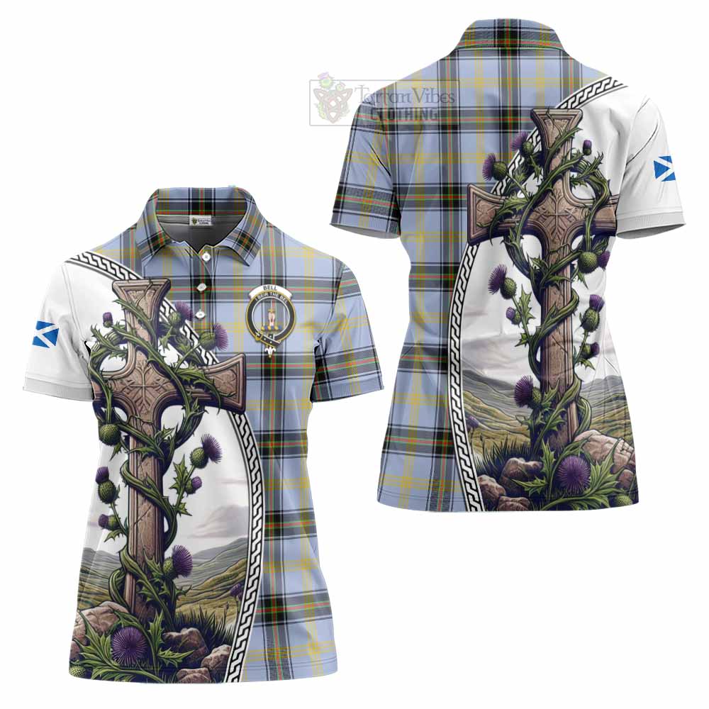 Tartan Vibes Clothing Bell Tartan Women's Polo Shirt with Family Crest and St. Andrew's Cross Accented by Thistle Vines