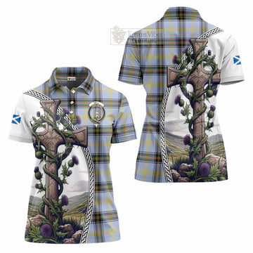 Bell Tartan Women's Polo Shirt with Family Crest and St. Andrew's Cross Accented by Thistle Vines