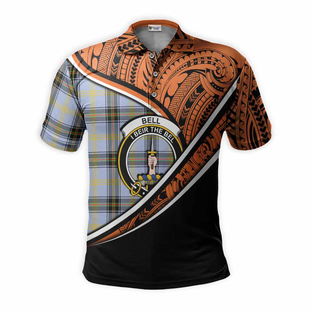 Tartan Vibes Clothing Bell Crest Tartan Polo Shirt with Maori Tattoo Style - Orange Version