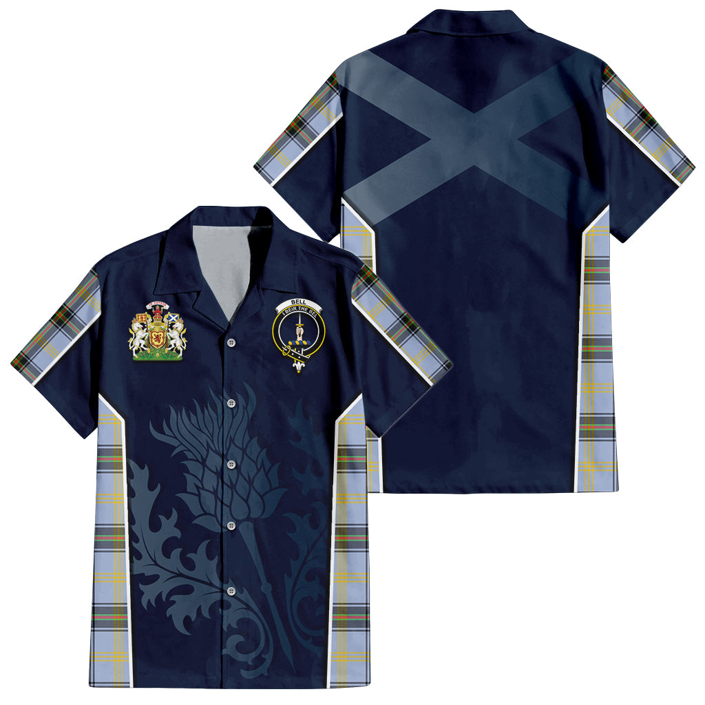 Tartan Vibes Clothing Bell Tartan Short Sleeve Button Up Shirt with Family Crest and Scottish Thistle Vibes Sport Style