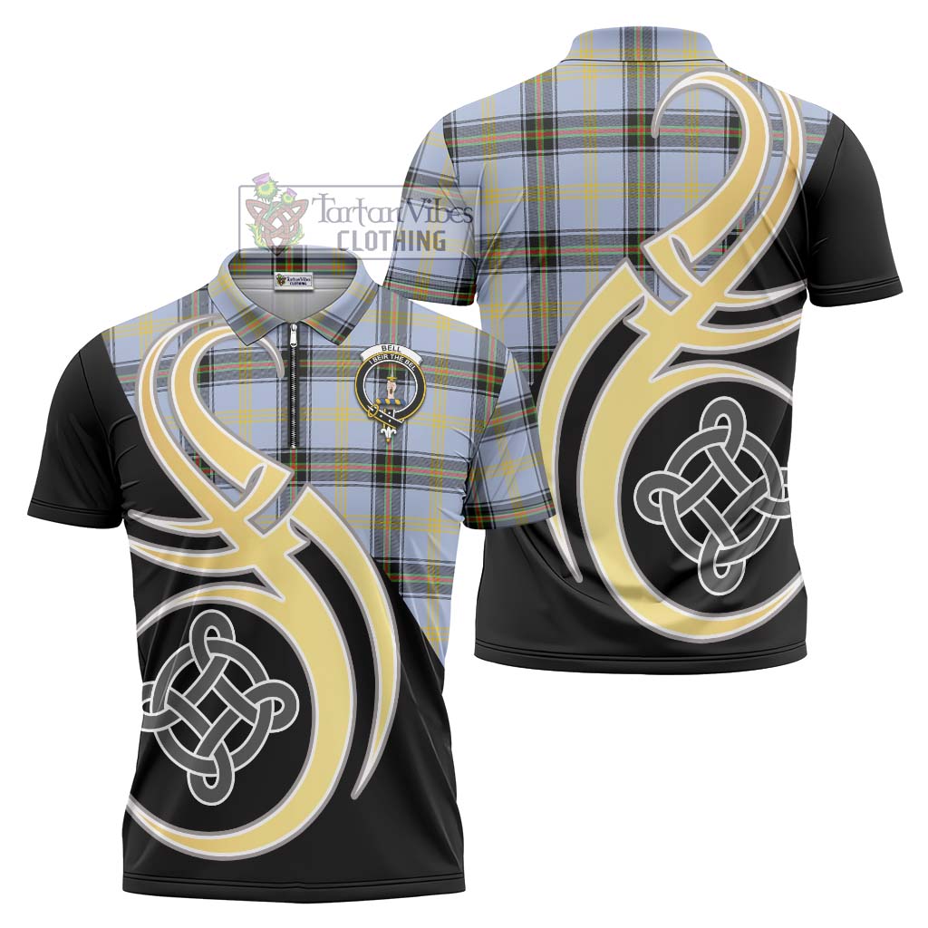 Tartan Vibes Clothing Bell Tartan Zipper Polo Shirt with Family Crest and Celtic Symbol Style