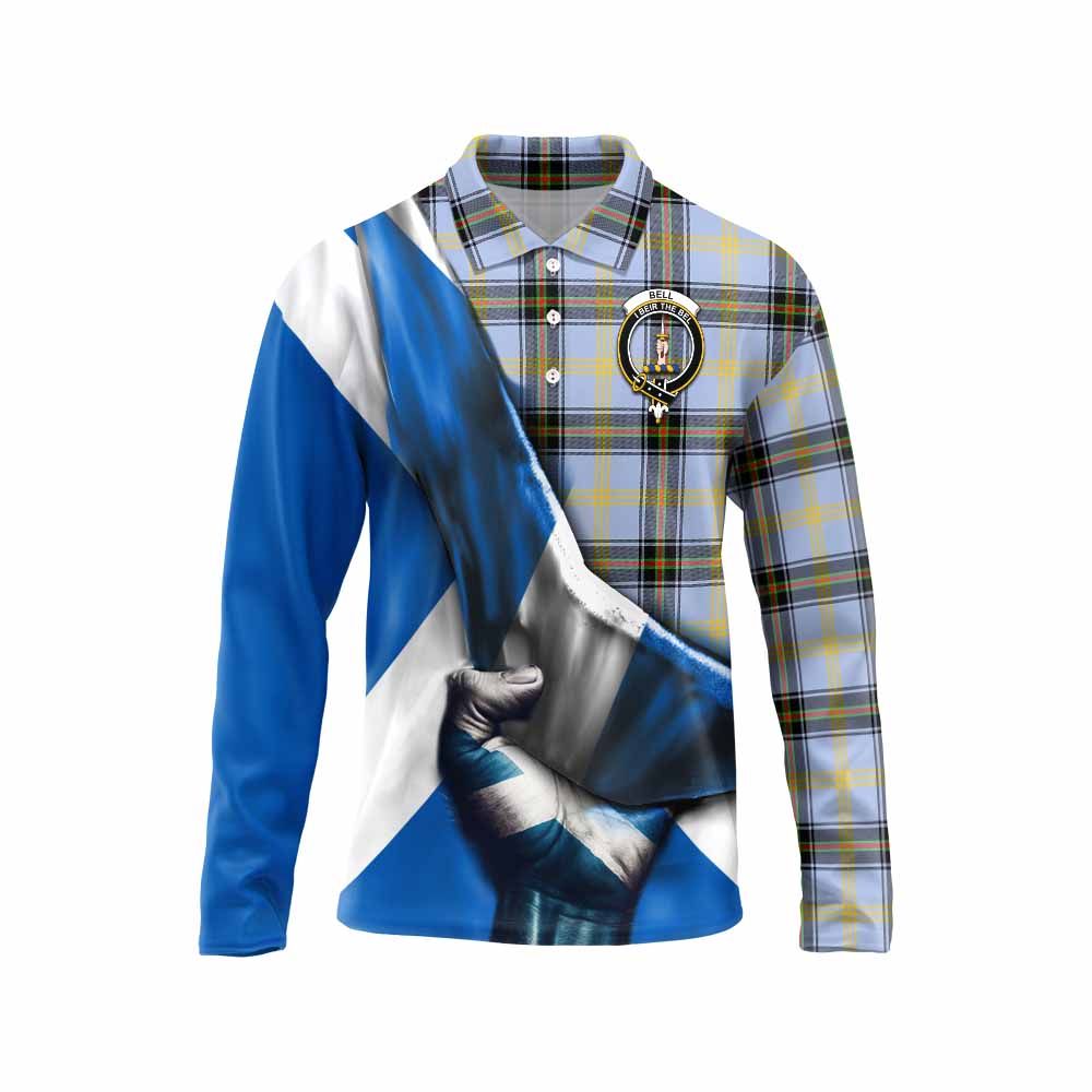 Tartan Vibes Clothing Bell Tartan Long Sleeve Polo Shirt with Family Crest Scotland Patriotic Style