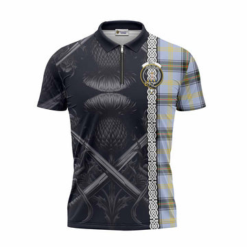 Bell Tartan Zipper Polo Shirt with Family Crest Cross Sword Thistle Celtic Vibes