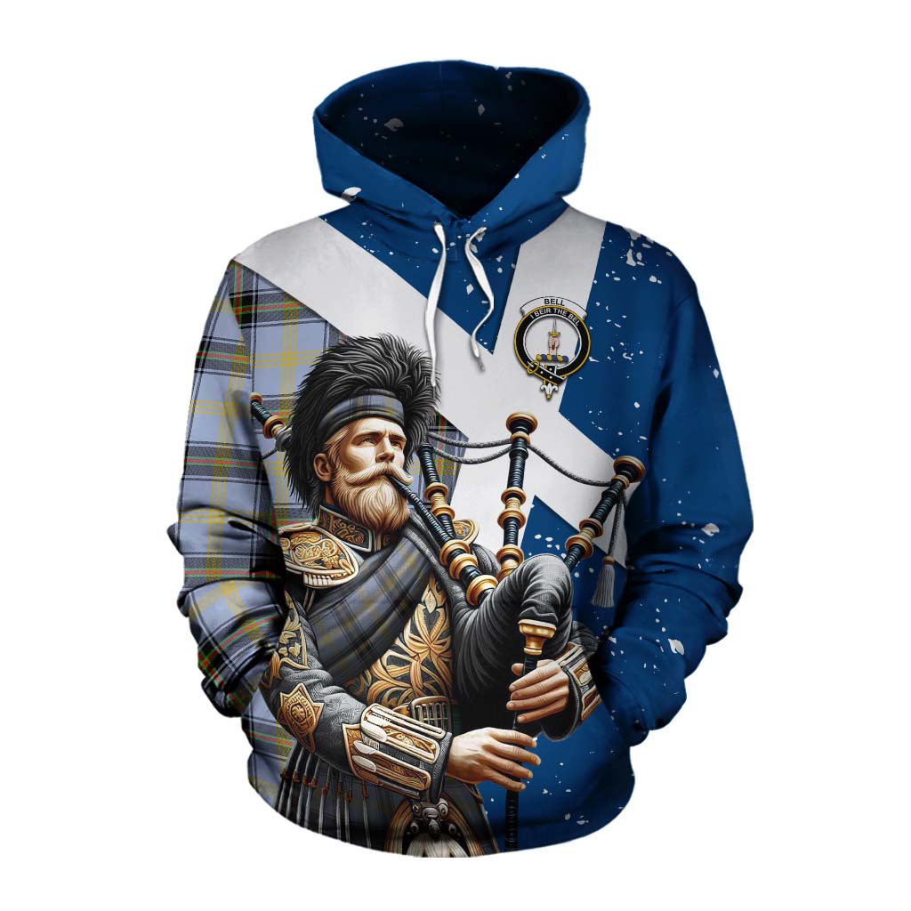 Tartan Vibes Clothing Bell Tartan Cotton Hoodie with Family Crest Scottish Bagpiper Vibes