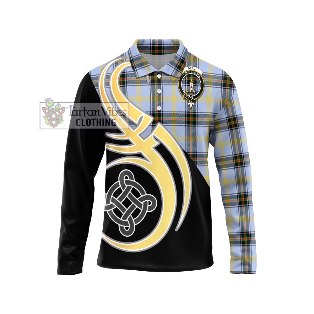 Bell Tartan Long Sleeve Polo Shirt with Family Crest and Celtic Symbol Style Unisex - Tartan Vibes Clothing