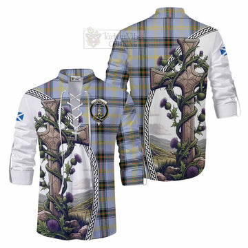 Bell Tartan Ghillie Kilt Shirt with Family Crest and St. Andrew's Cross Accented by Thistle Vines