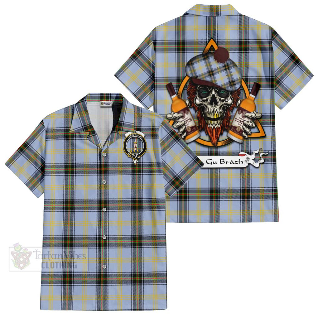 Tartan Vibes Clothing Bell Tartan Short Sleeve Button Shirt with Family Crest and Bearded Skull Holding Bottles of Whiskey