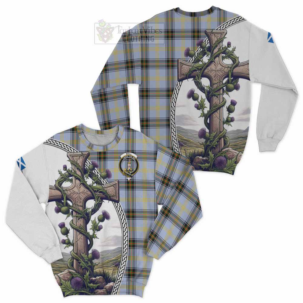 Tartan Vibes Clothing Bell Tartan Sweatshirt with Family Crest and St. Andrew's Cross Accented by Thistle Vines