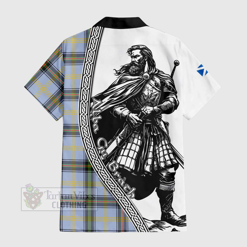 Tartan Vibes Clothing Bell Tartan Clan Crest Short Sleeve Button Shirt with Highlander Warrior Celtic Style