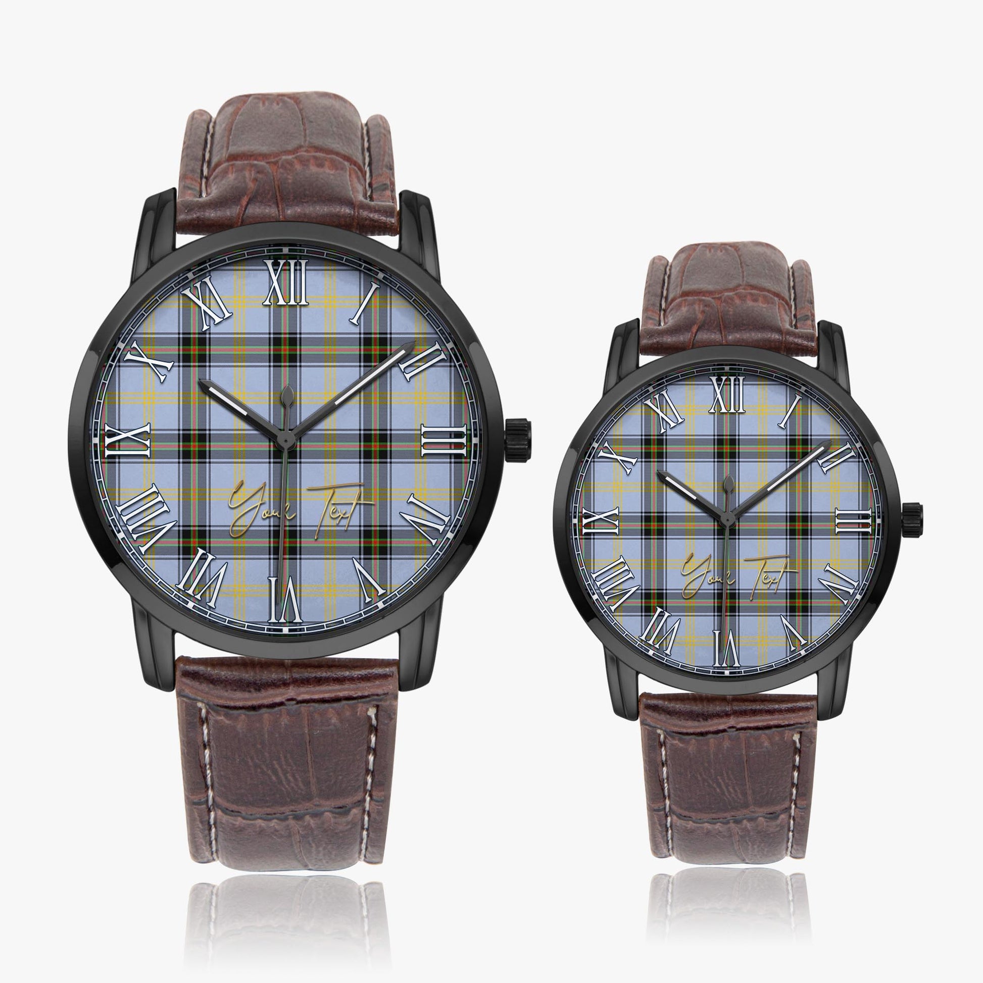 Bell Tartan Personalized Your Text Leather Trap Quartz Watch Wide Type Black Case With Brown Leather Strap - Tartanvibesclothing