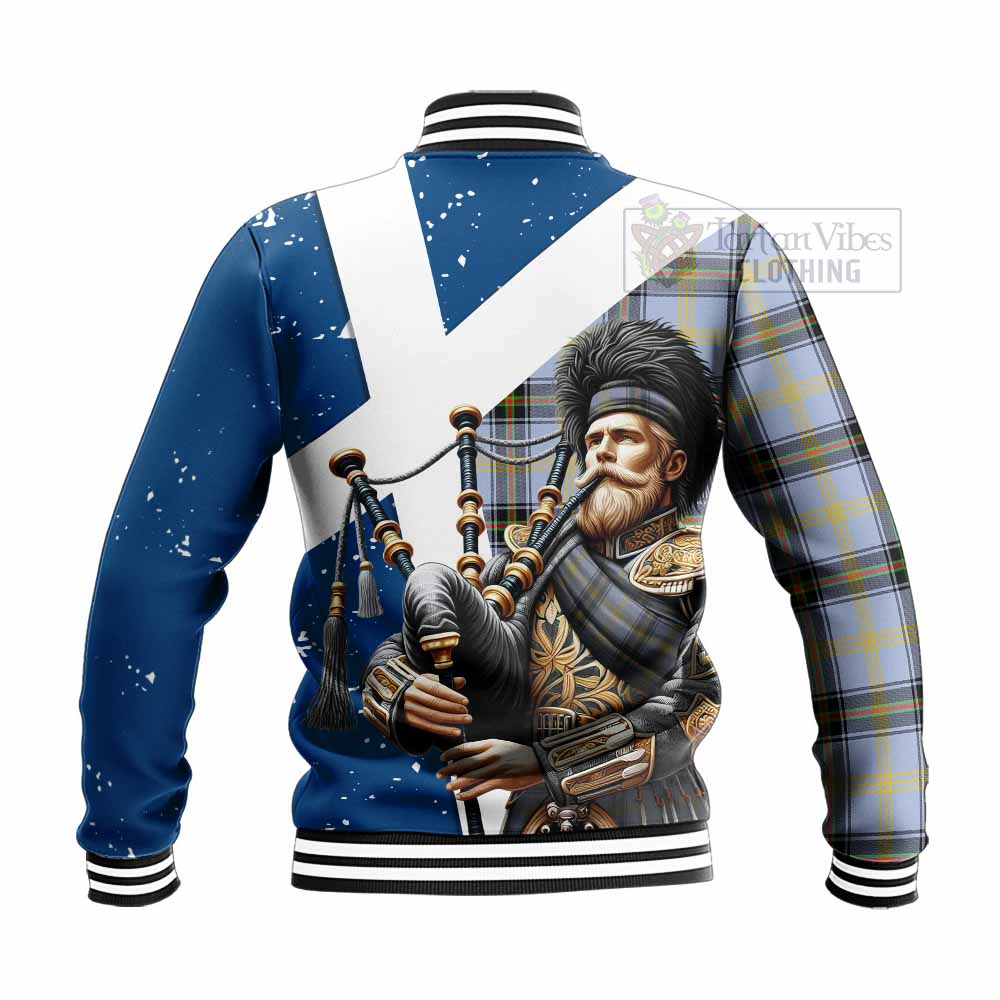 Tartan Vibes Clothing Bell Tartan Baseball Jacket with Family Crest Scottish Bagpiper Vibes