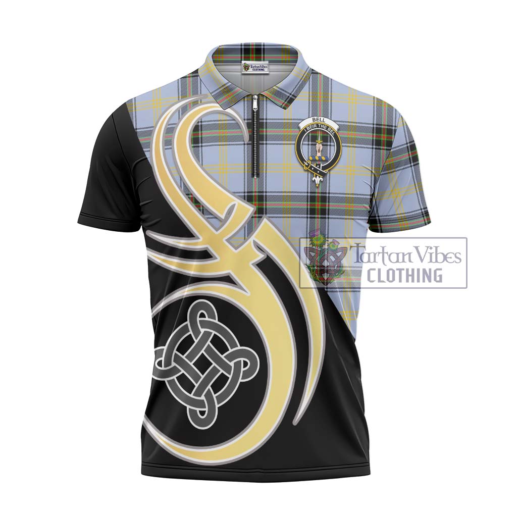 Tartan Vibes Clothing Bell Tartan Zipper Polo Shirt with Family Crest and Celtic Symbol Style