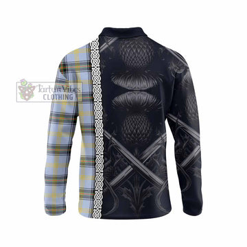 Bell Tartan Long Sleeve Polo Shirt with Family Crest Cross Sword Thistle Celtic Vibes