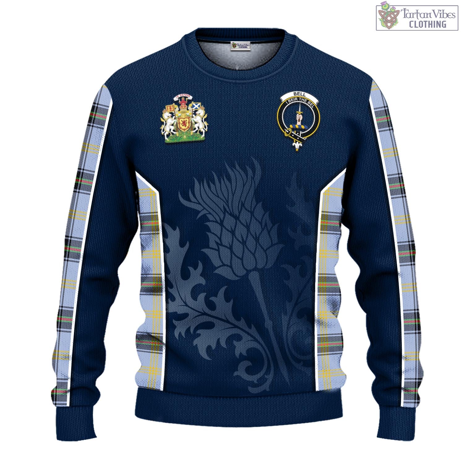 Tartan Vibes Clothing Bell Tartan Knitted Sweatshirt with Family Crest and Scottish Thistle Vibes Sport Style