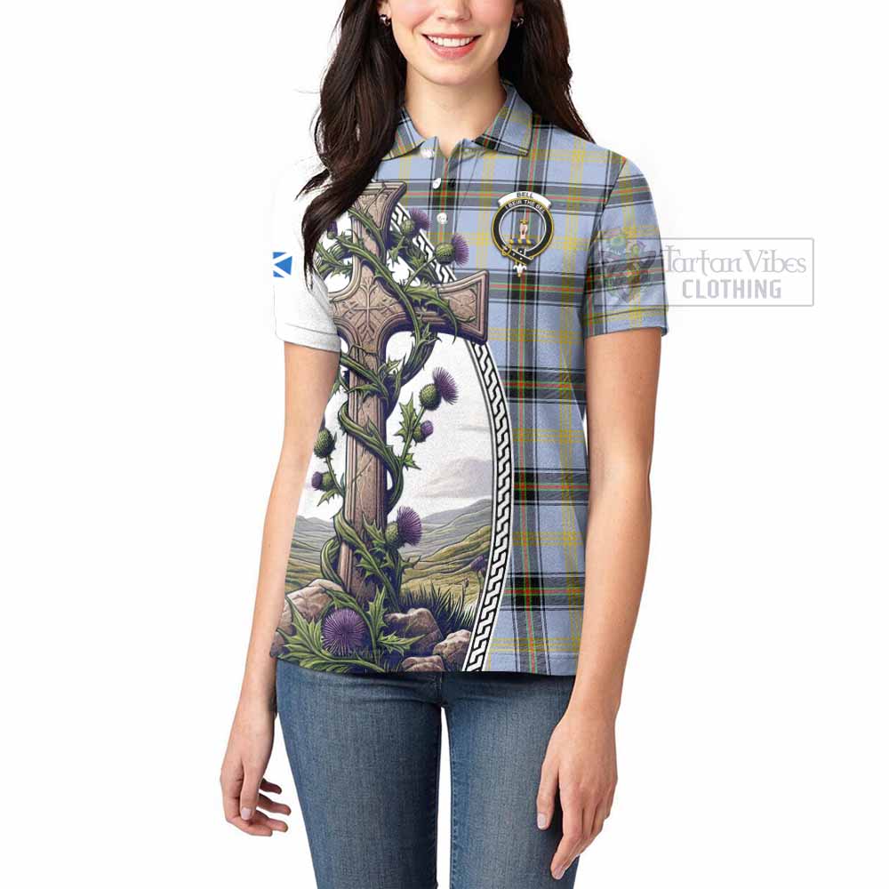 Tartan Vibes Clothing Bell Tartan Women's Polo Shirt with Family Crest and St. Andrew's Cross Accented by Thistle Vines