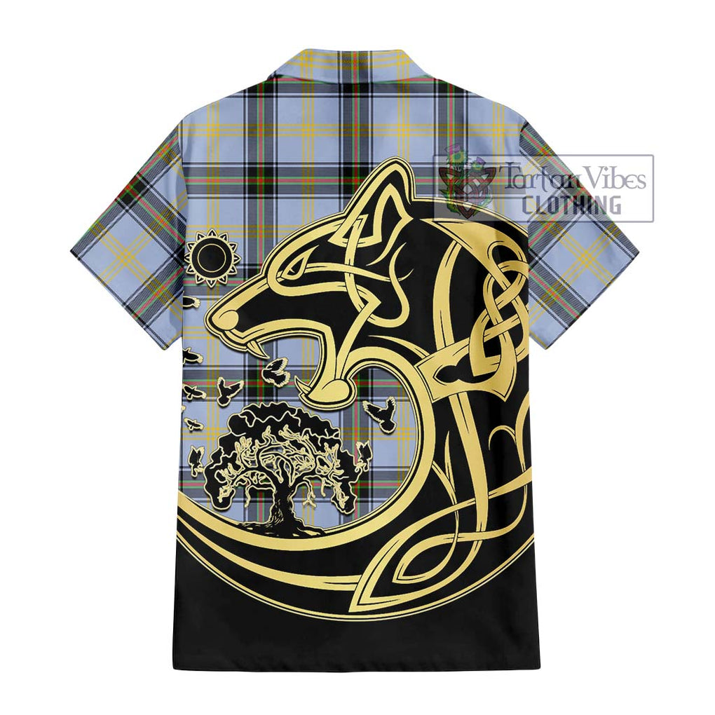 Bell Tartan Short Sleeve Button Shirt with Family Crest Celtic Wolf Style - Tartan Vibes Clothing