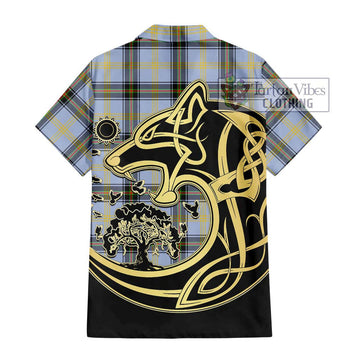 Bell Tartan Short Sleeve Button Shirt with Family Crest Celtic Wolf Style