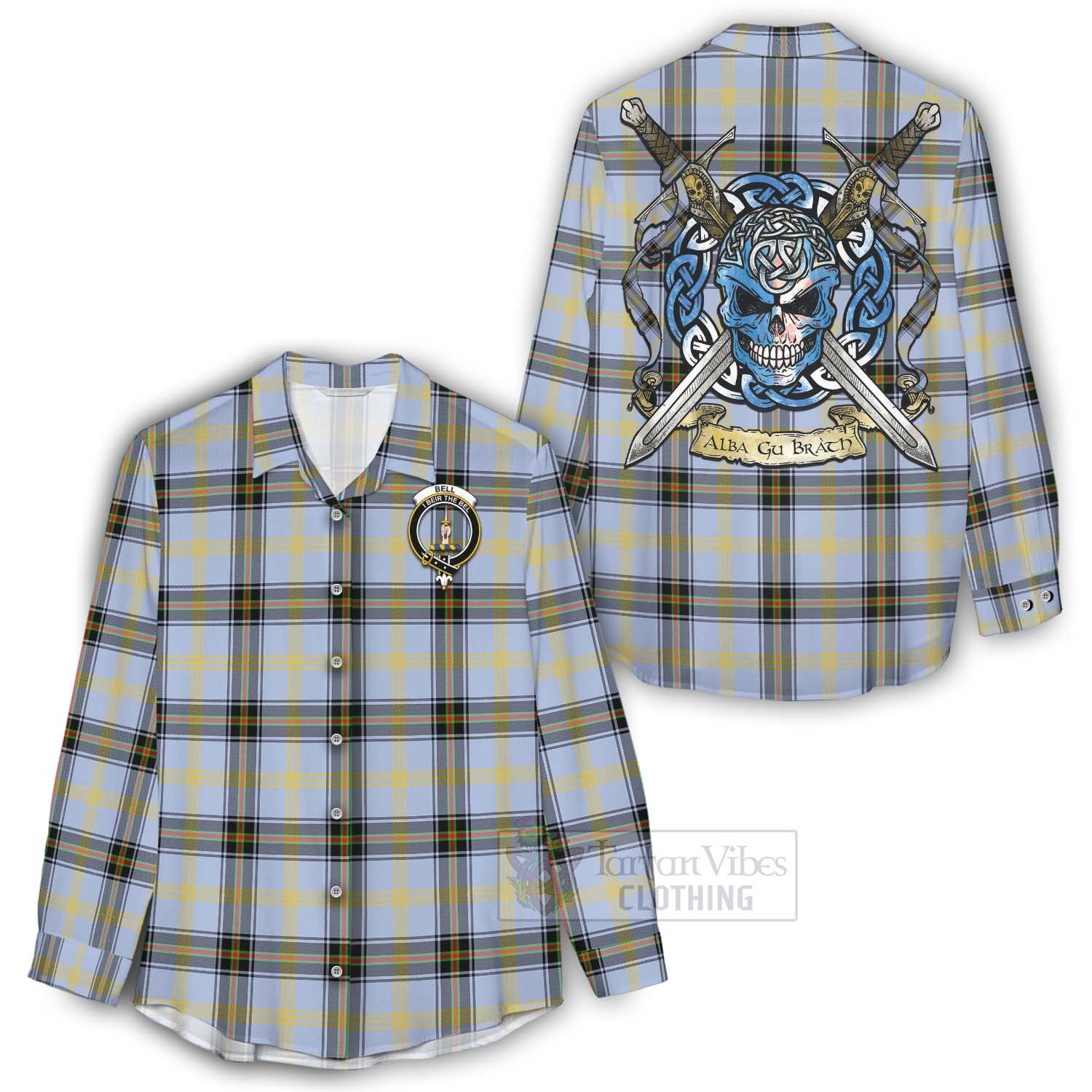 Bell Tartan Women's Casual Shirt with Family Crest Celtic Skull Style - Tartan Vibes Clothing