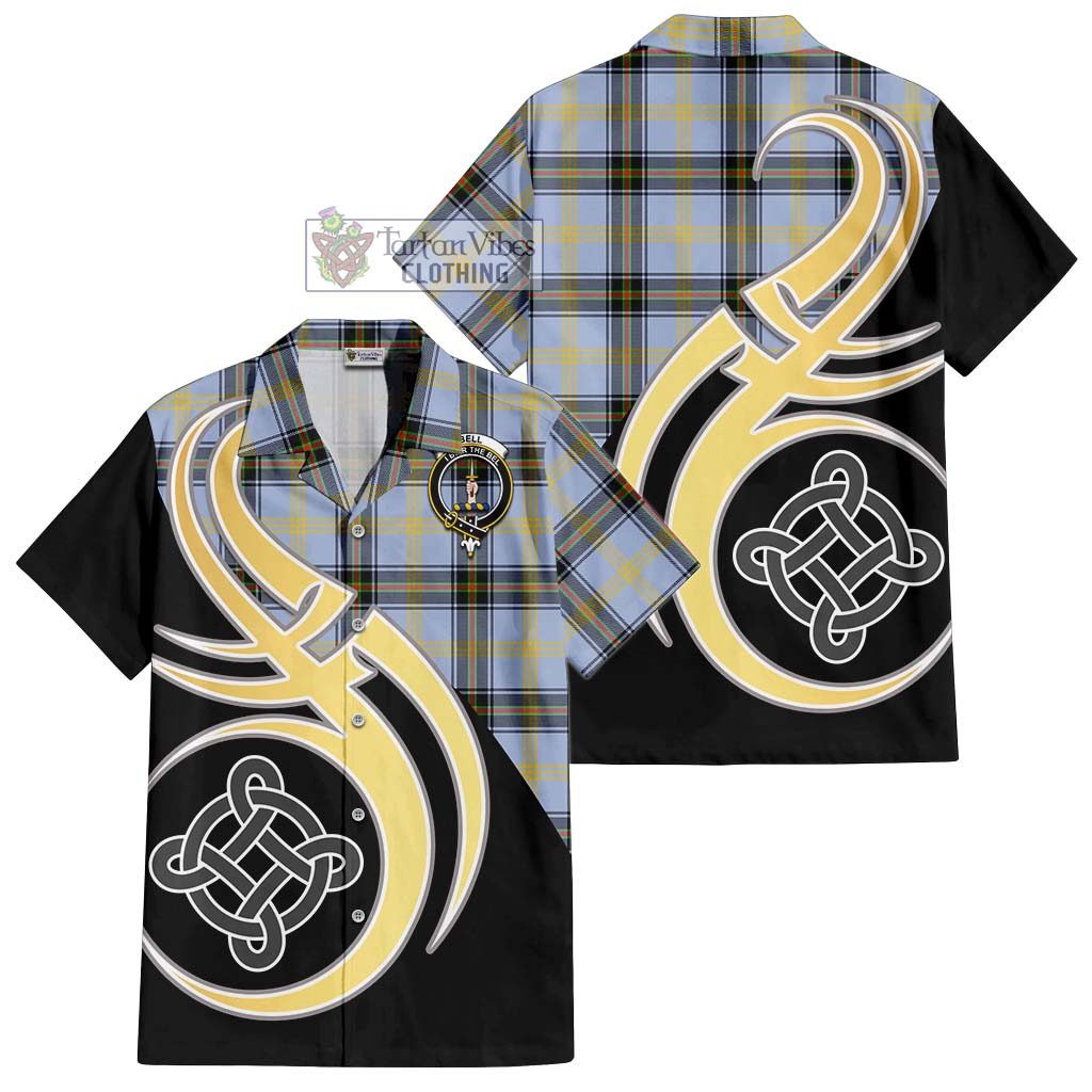 Bell Tartan Short Sleeve Button Shirt with Family Crest and Celtic Symbol Style - Tartan Vibes Clothing