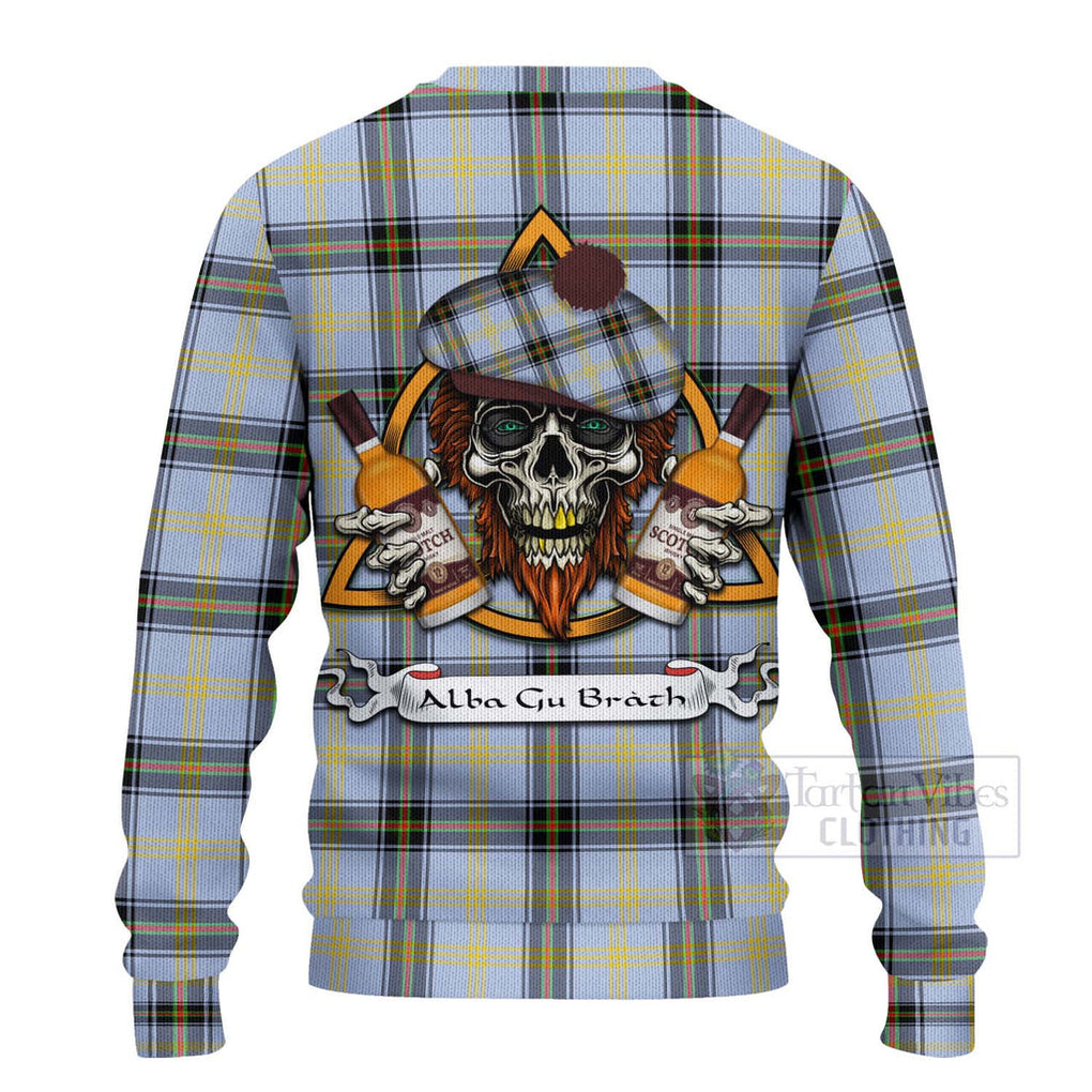 Tartan Vibes Clothing Bell Tartan Knitted Sweater with Family Crest and Bearded Skull Holding Bottles of Whiskey