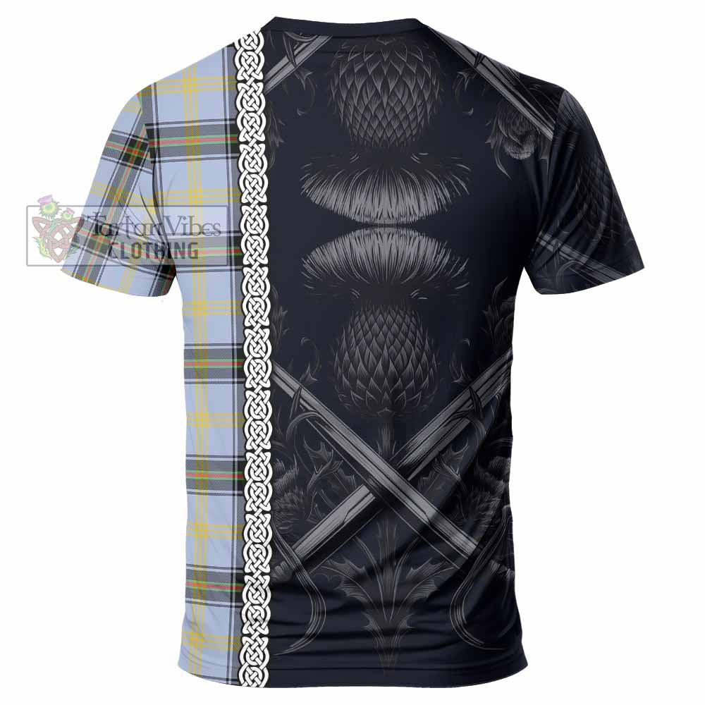 Tartan Vibes Clothing Bell Tartan T-Shirt with Family Crest Cross Sword Thistle Celtic Vibes