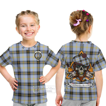 Bell Tartan Kid T-Shirt with Family Crest and Bearded Skull Holding Bottles of Whiskey - Tartan Vibes Clothing