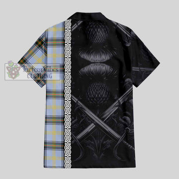 Bell Tartan Short Sleeve Button Shirt with Family Crest Cross Sword Thistle Celtic Vibes