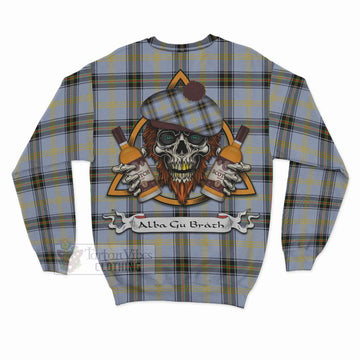 Bell Tartan Sweatshirt with Family Crest and Bearded Skull Holding Bottles of Whiskey