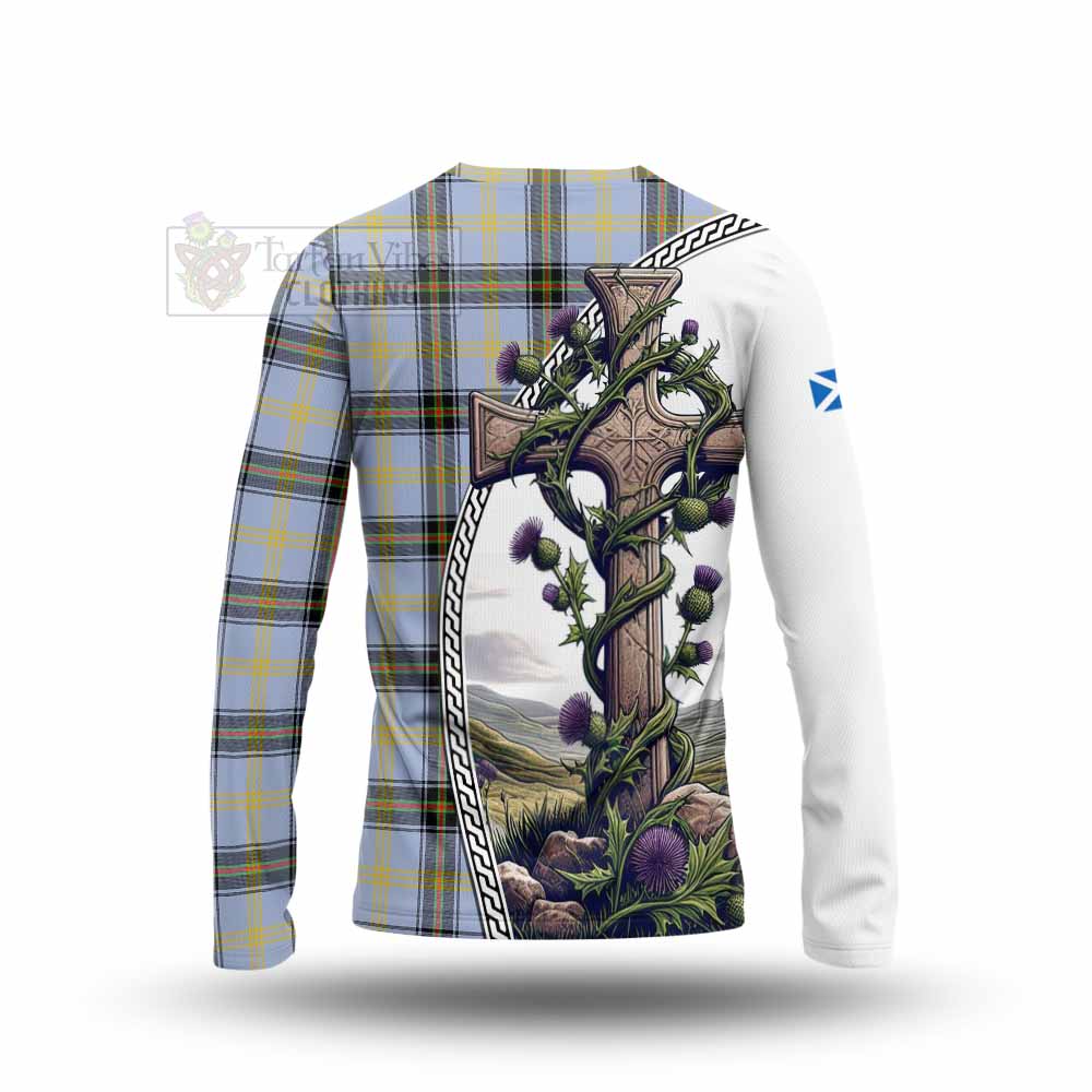 Tartan Vibes Clothing Bell Tartan Long Sleeve T-Shirt with Family Crest and St. Andrew's Cross Accented by Thistle Vines