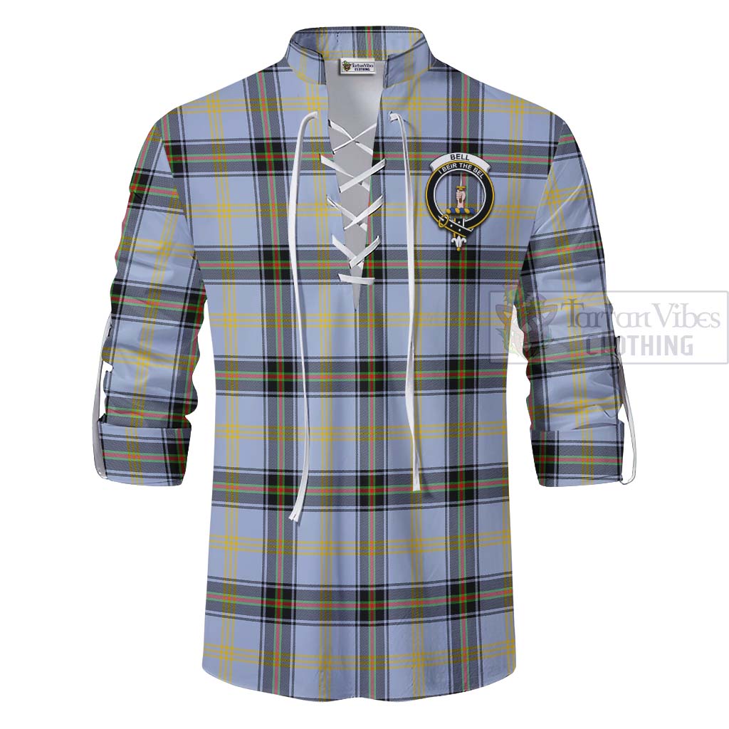 Tartan Vibes Clothing Bell Tartan Ghillie Kilt Shirt with Family Crest and Bearded Skull Holding Bottles of Whiskey