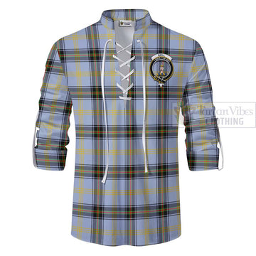 Bell Tartan Ghillie Kilt Shirt with Family Crest and Bearded Skull Holding Bottles of Whiskey