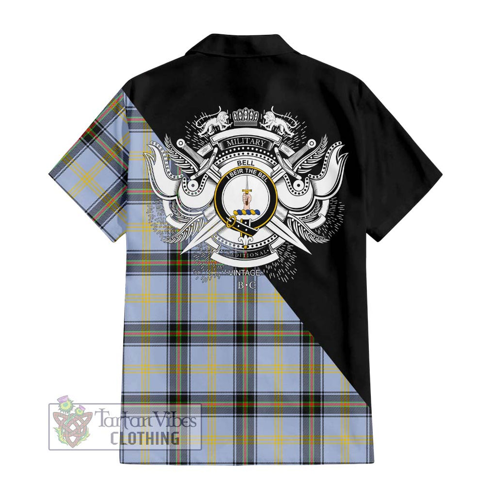 Bell Tartan Short Sleeve Button Shirt with Family Crest and Military Logo Style - Tartanvibesclothing Shop