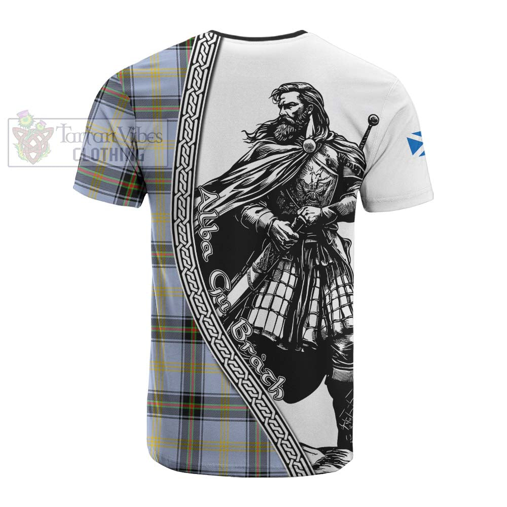 Bell Tartan Clan Crest Cotton T-shirt with Highlander Warrior Celtic Style