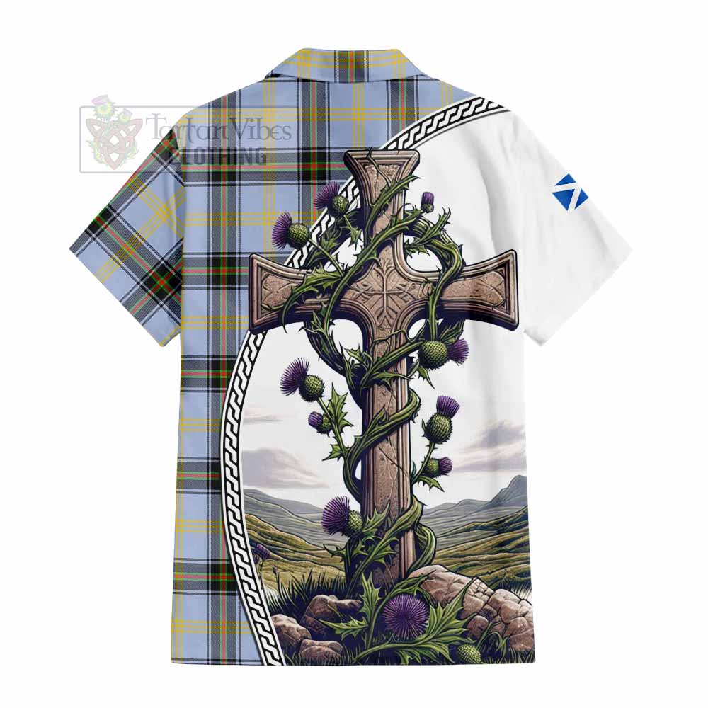 Tartan Vibes Clothing Bell Tartan Short Sleeve Button Shirt with Family Crest and St. Andrew's Cross Accented by Thistle Vines