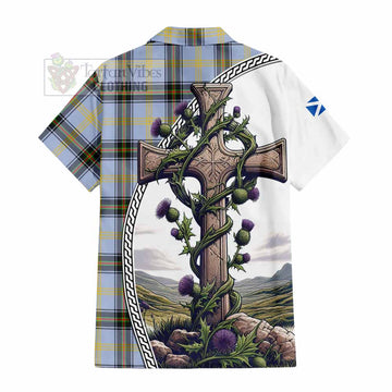 Bell Tartan Short Sleeve Button Shirt with Family Crest and St. Andrew's Cross Accented by Thistle Vines