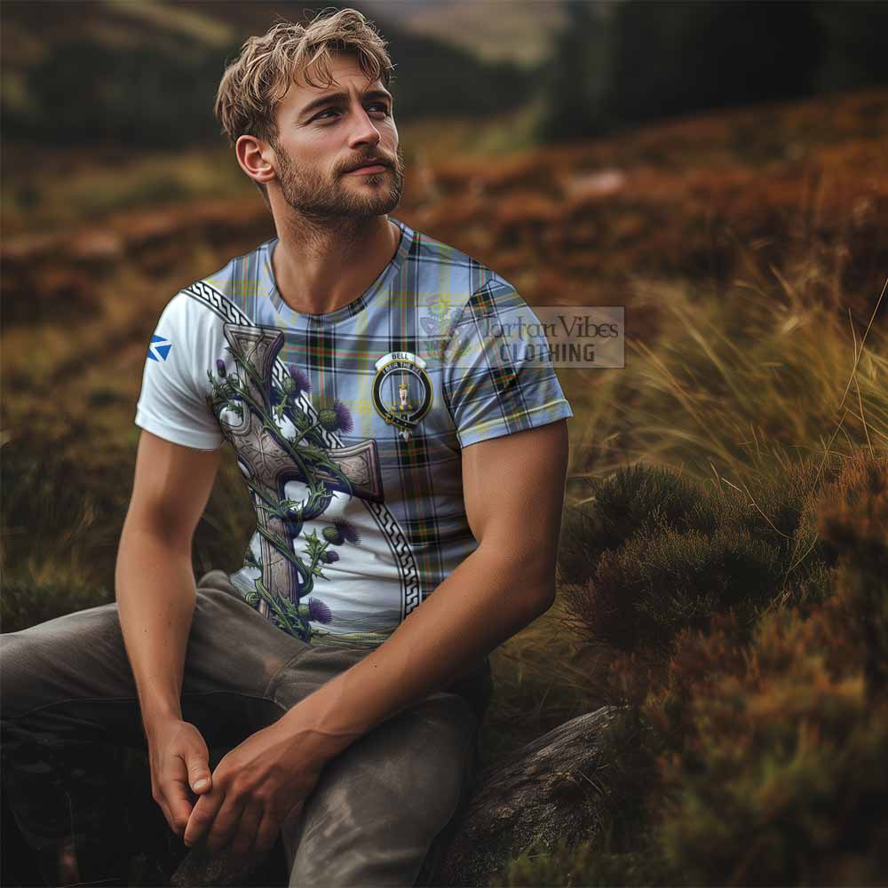 Tartan Vibes Clothing Bell Agnew Tartan T-Shirt with Family Crest and St. Andrew's Cross Accented by Thistle Vines