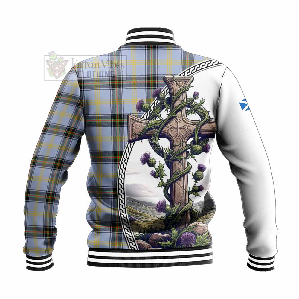 Tartan Vibes Clothing Bell Tartan Baseball Jacket with Family Crest and St. Andrew's Cross Accented by Thistle Vines