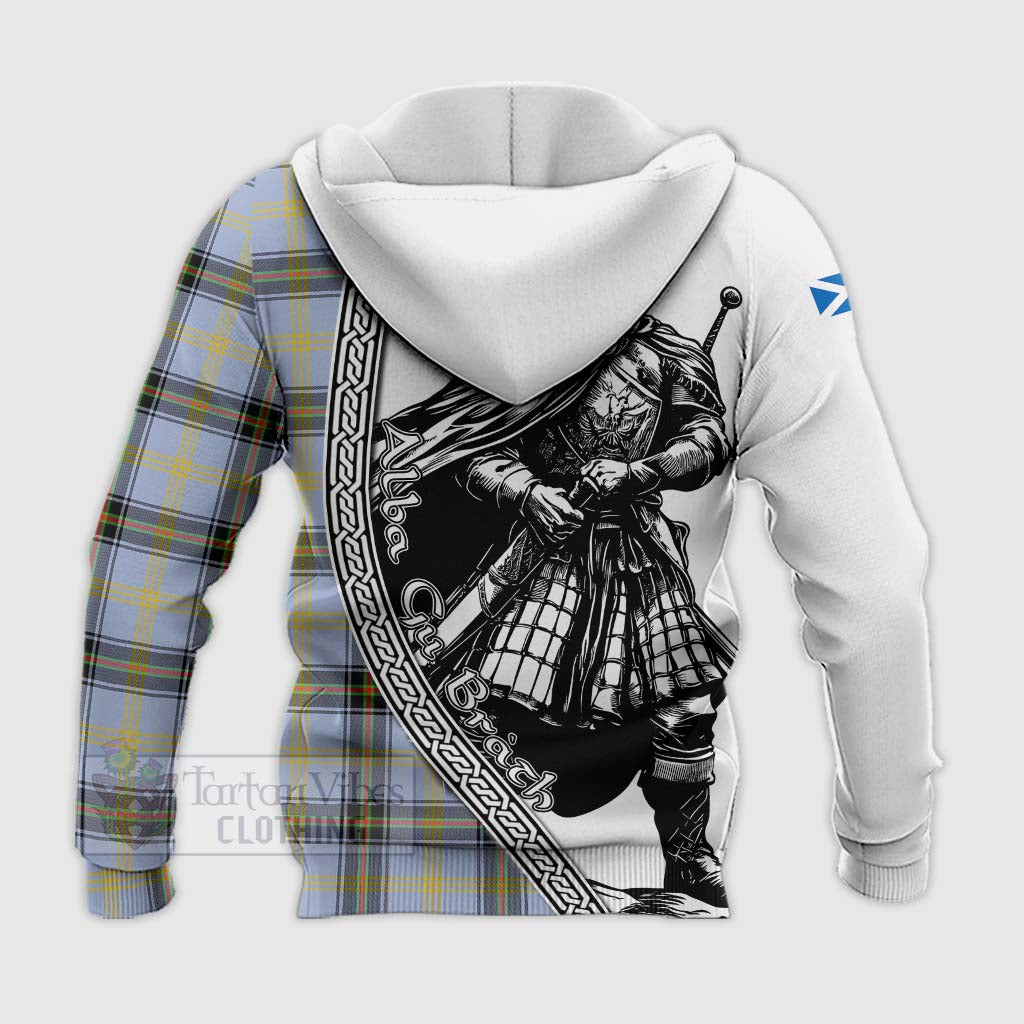 Tartan Vibes Clothing Bell Tartan Clan Crest Knitted Hoodie with Highlander Warrior Celtic Style