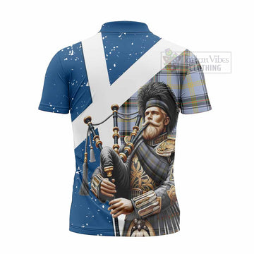 Bell Tartan Zipper Polo Shirt with Family Crest Scottish Bagpiper Vibes