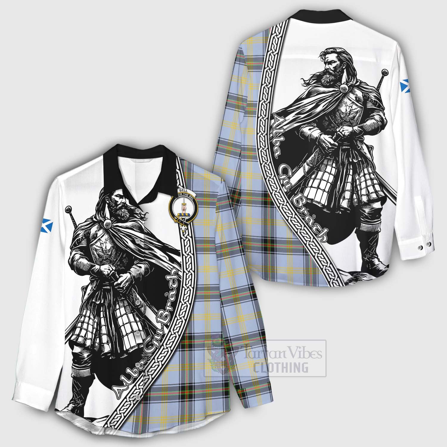 Tartan Vibes Clothing Bell Tartan Clan Crest Women's Casual Shirt with Highlander Warrior Celtic Style